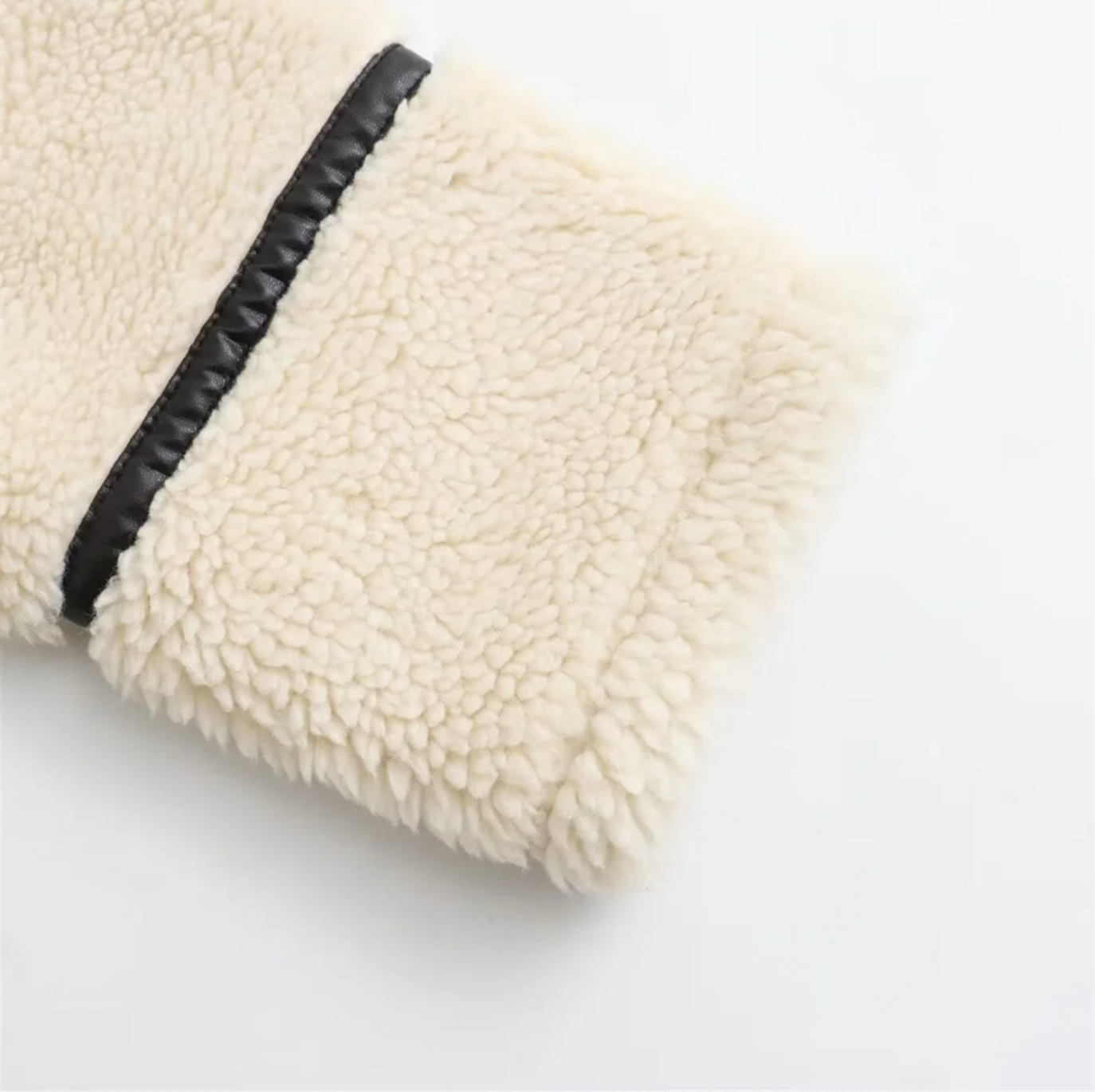 Ivory Faux Shearling Biker Jacket with Aviator Collar