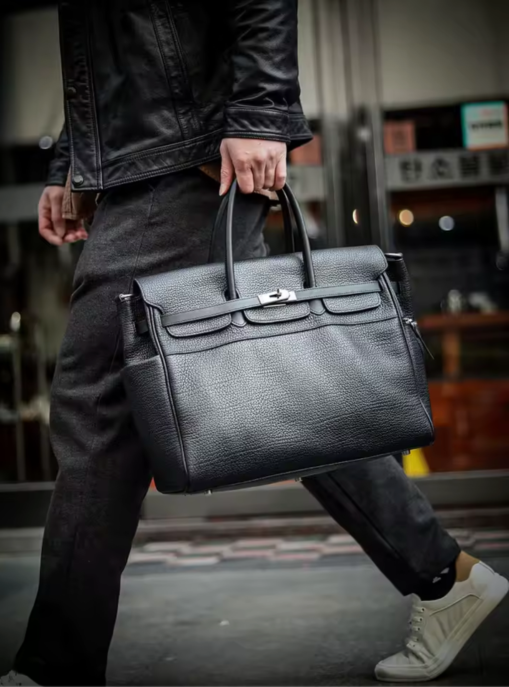 Black Genuine Leather Briefcase Bag Large Capacity 15.6