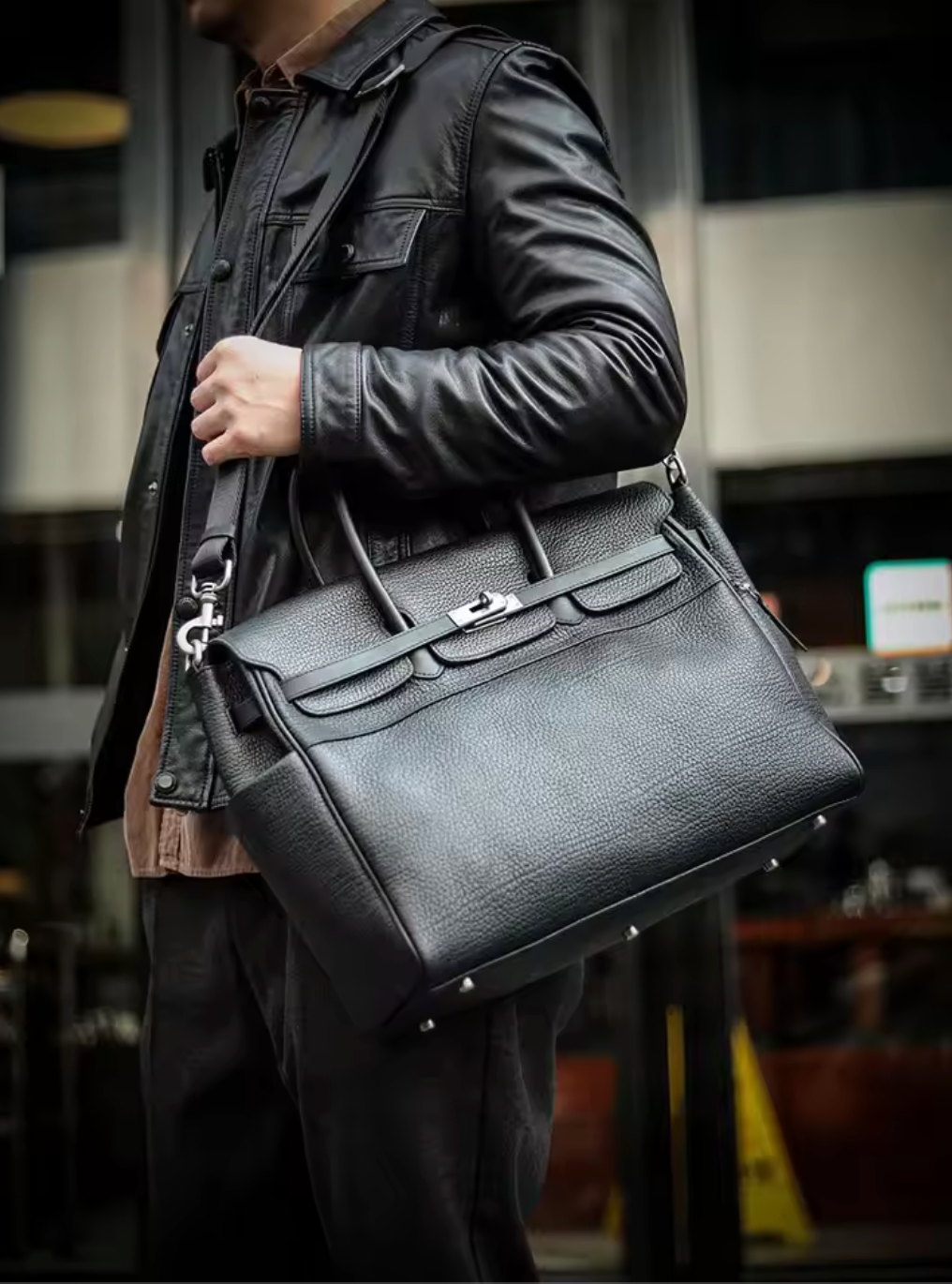 Black Genuine Leather Briefcase Bag Large Capacity 15.6