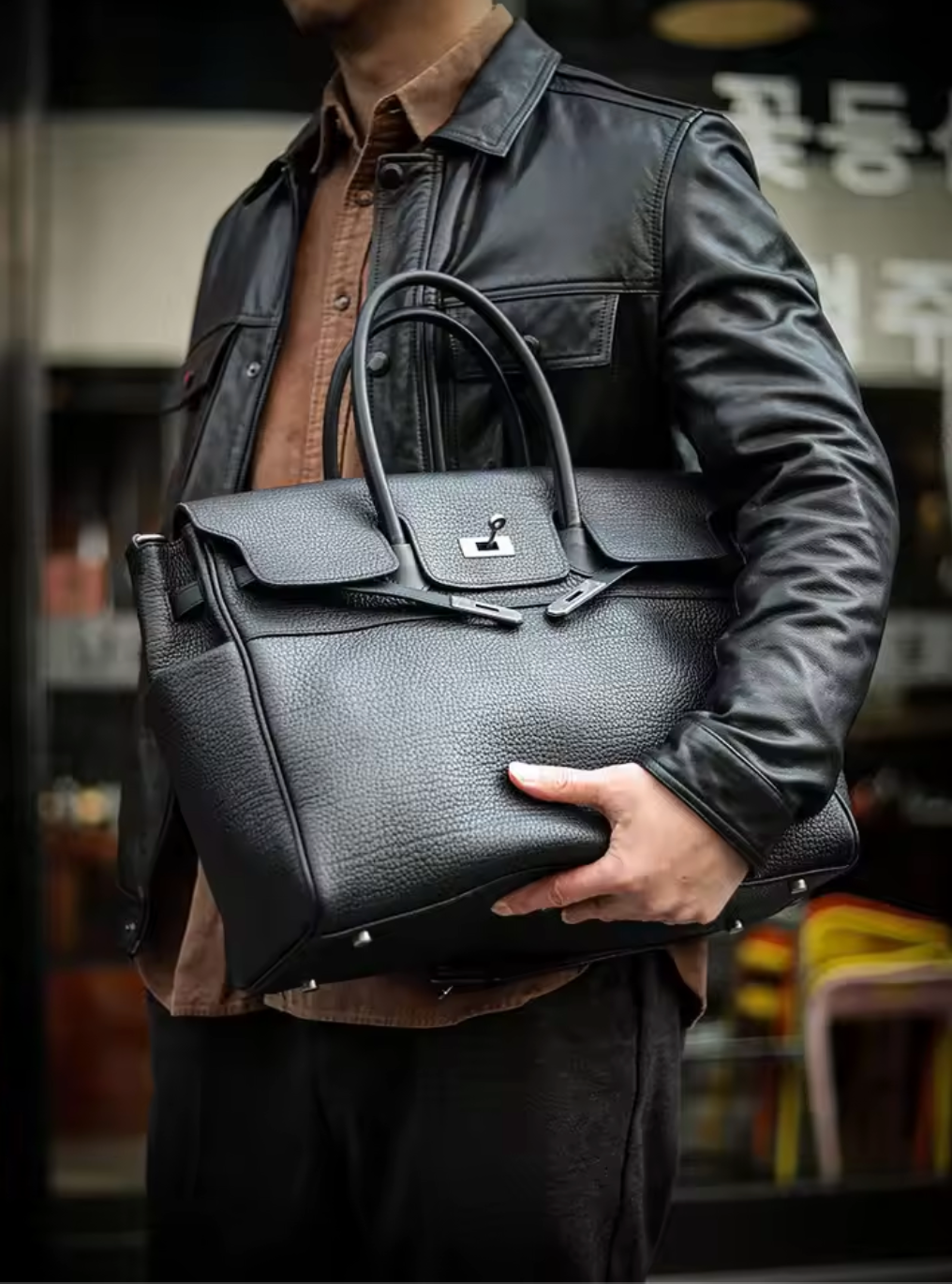 Black Genuine Leather Briefcase Bag Large Capacity 15.6