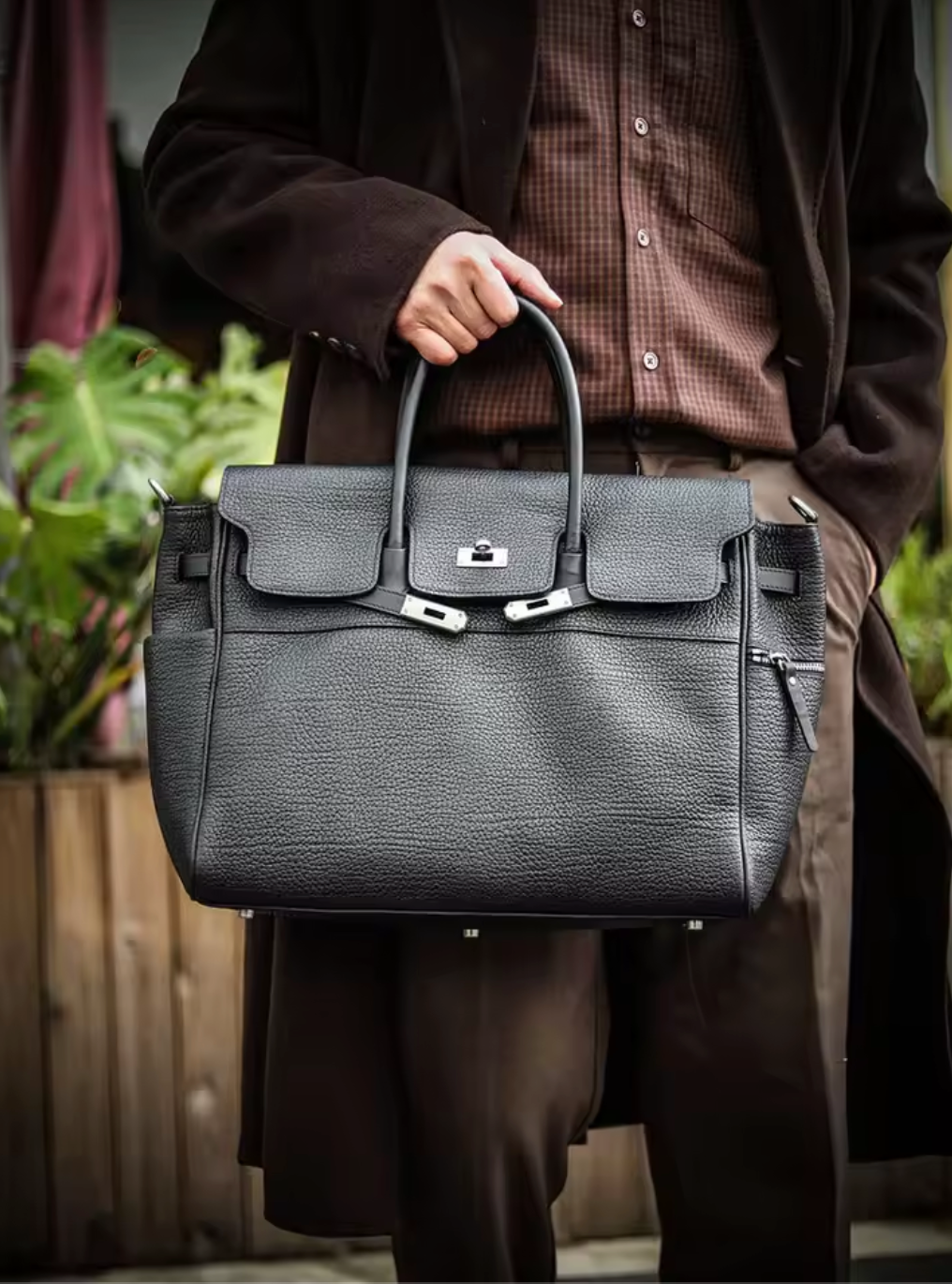 Black Genuine Leather Briefcase Bag Large Capacity 15.6