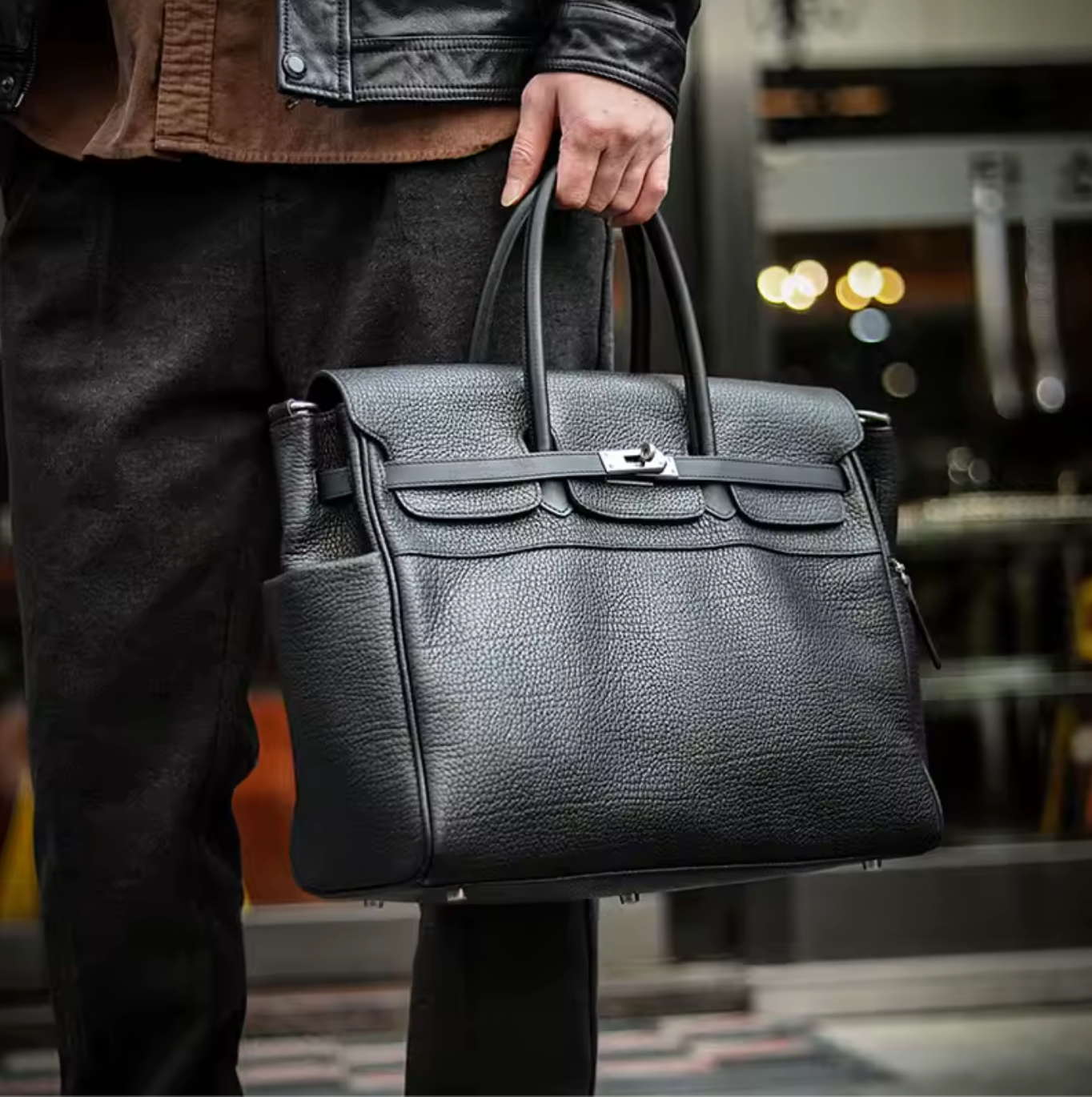 Black Genuine Leather Briefcase Bag Large Capacity 15.6