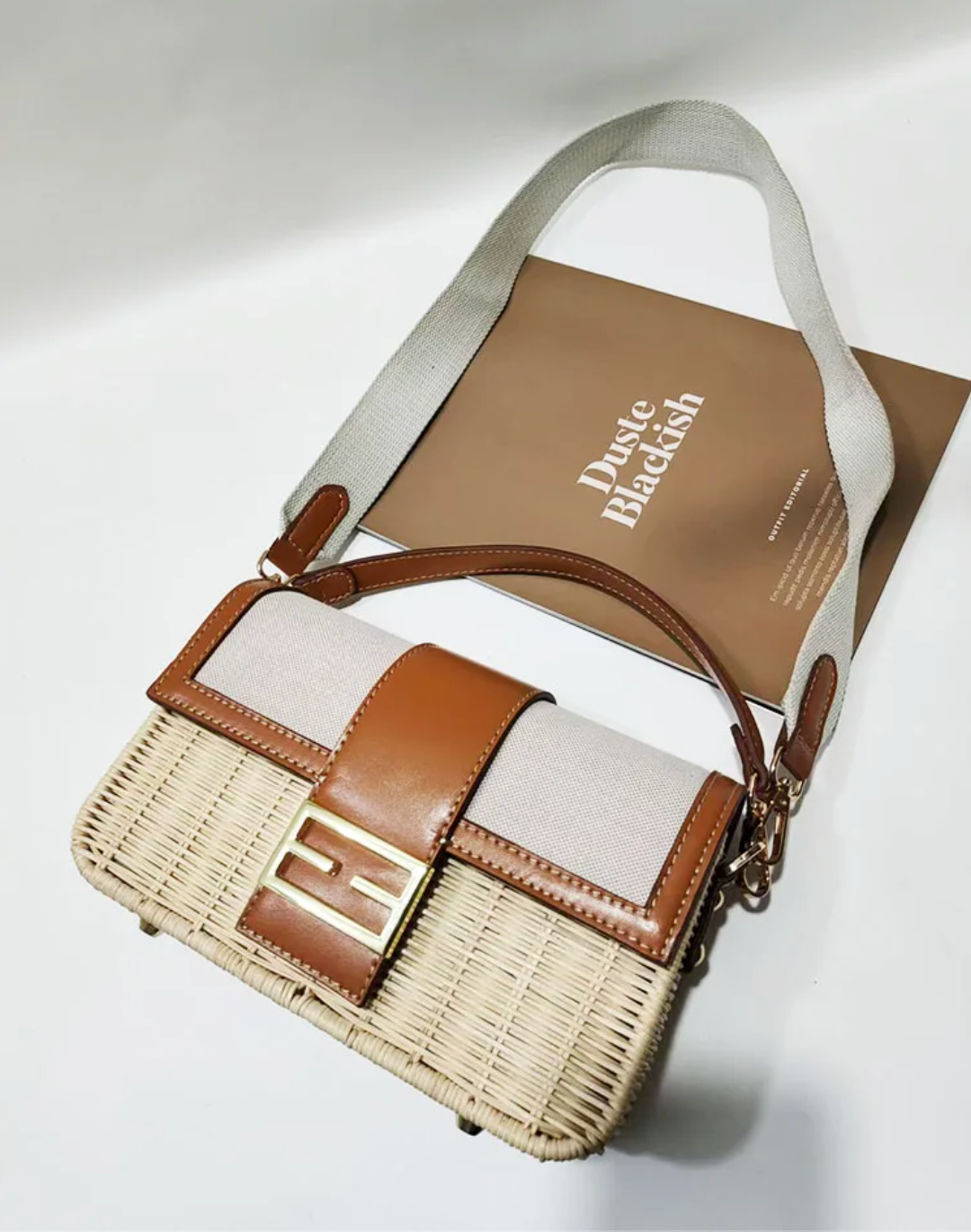 Handmade Woven Rattan Crossbody Bag with Leather Trim