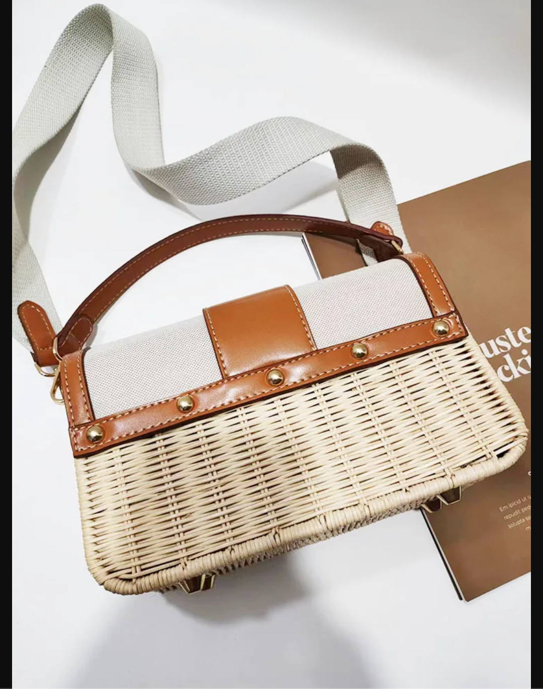 Handmade Woven Rattan Crossbody Bag with Leather Trim