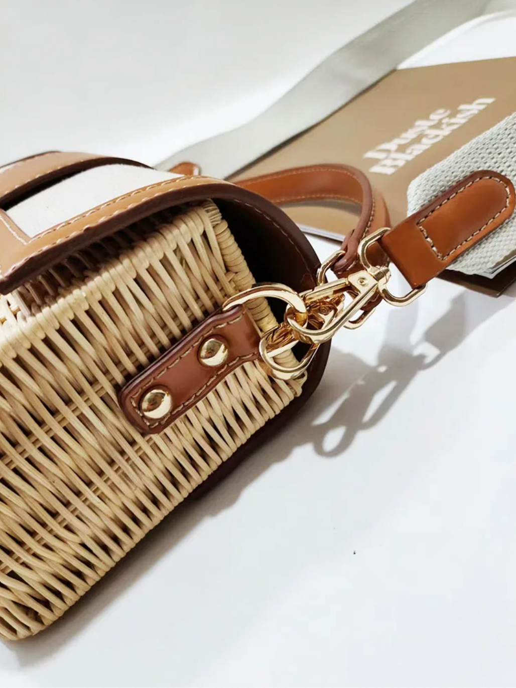 Handmade Woven Rattan Crossbody Bag with Leather Trim