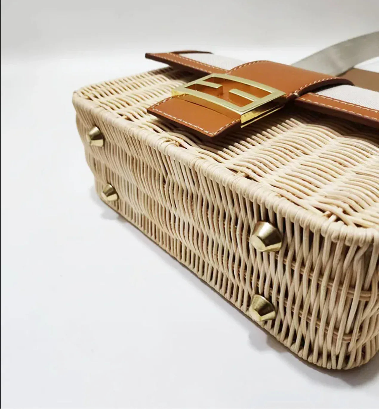 Handmade Woven Rattan Crossbody Bag with Leather Trim