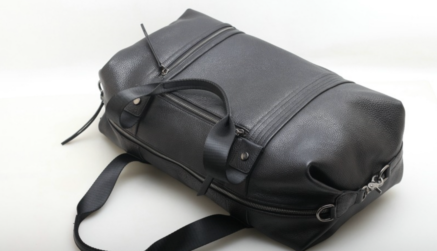 Black Leather Commuter Travel Duffle Bag