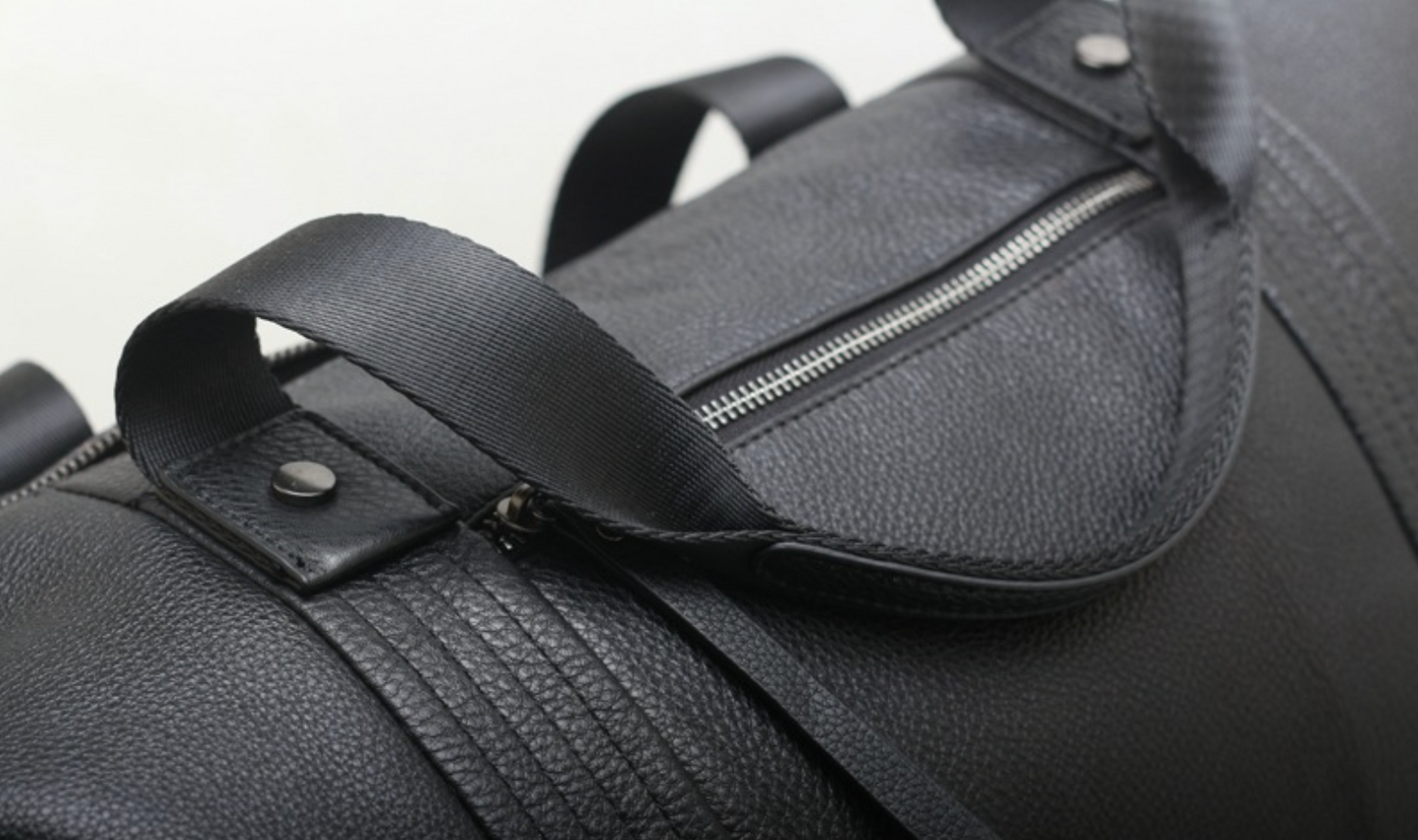 Black Leather Commuter Travel Duffle Bag