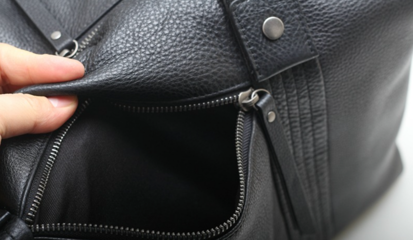 Black Leather Commuter Travel Duffle Bag