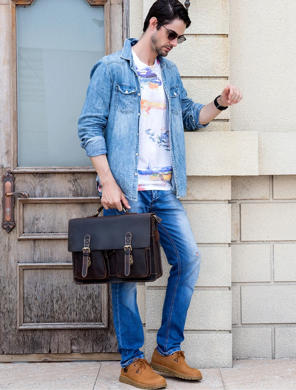 Men Leather Office Bag Brown Briefcase Messenger Laptop