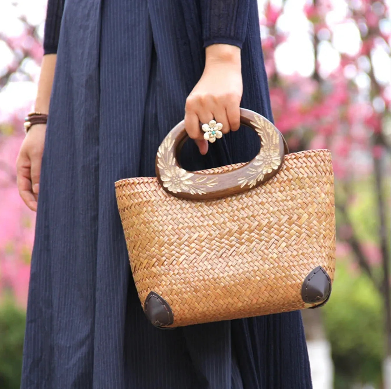 Handwoven Summer Straw Tote Purse with Wooden Handles