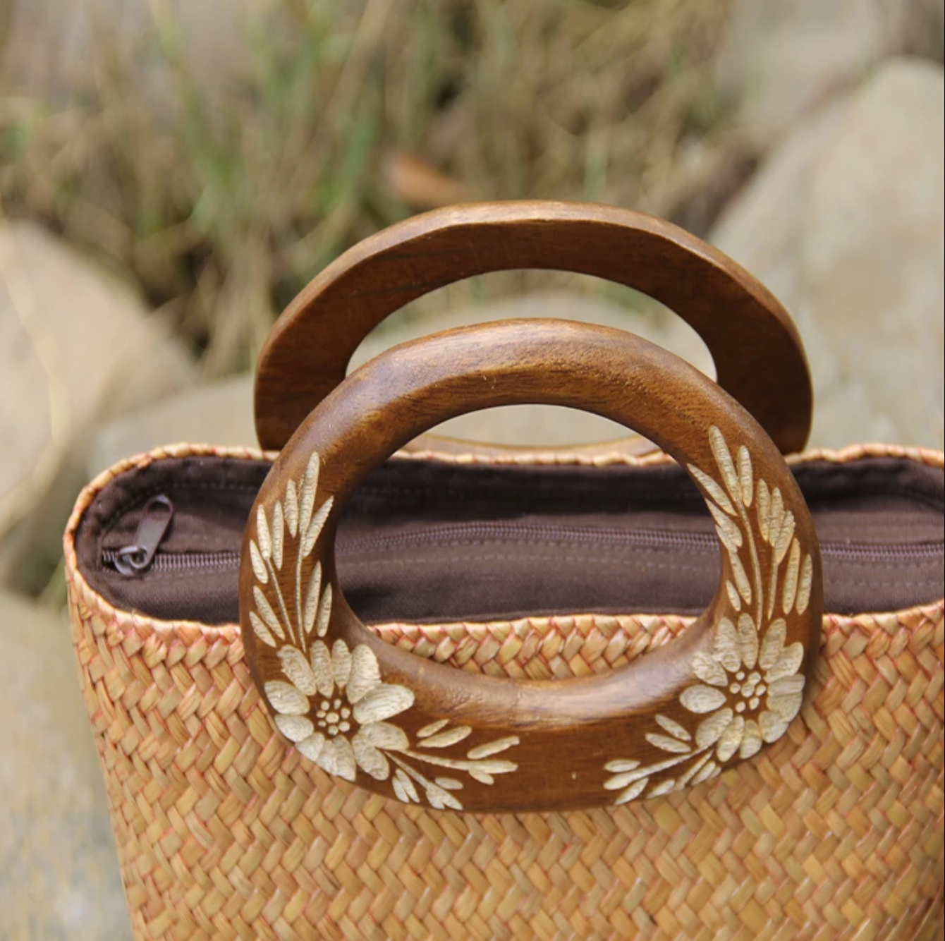 Handwoven Summer Straw Tote Purse with Wooden Handles