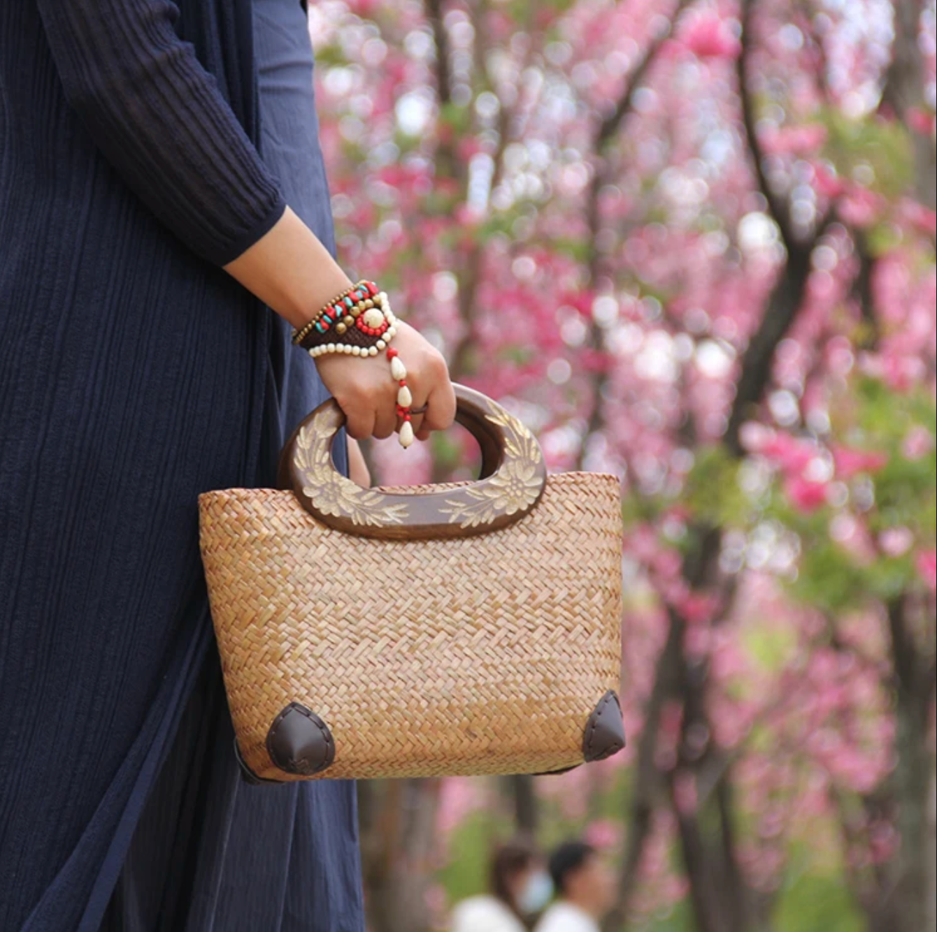 Handwoven Summer Straw Tote Purse with Wooden Handles