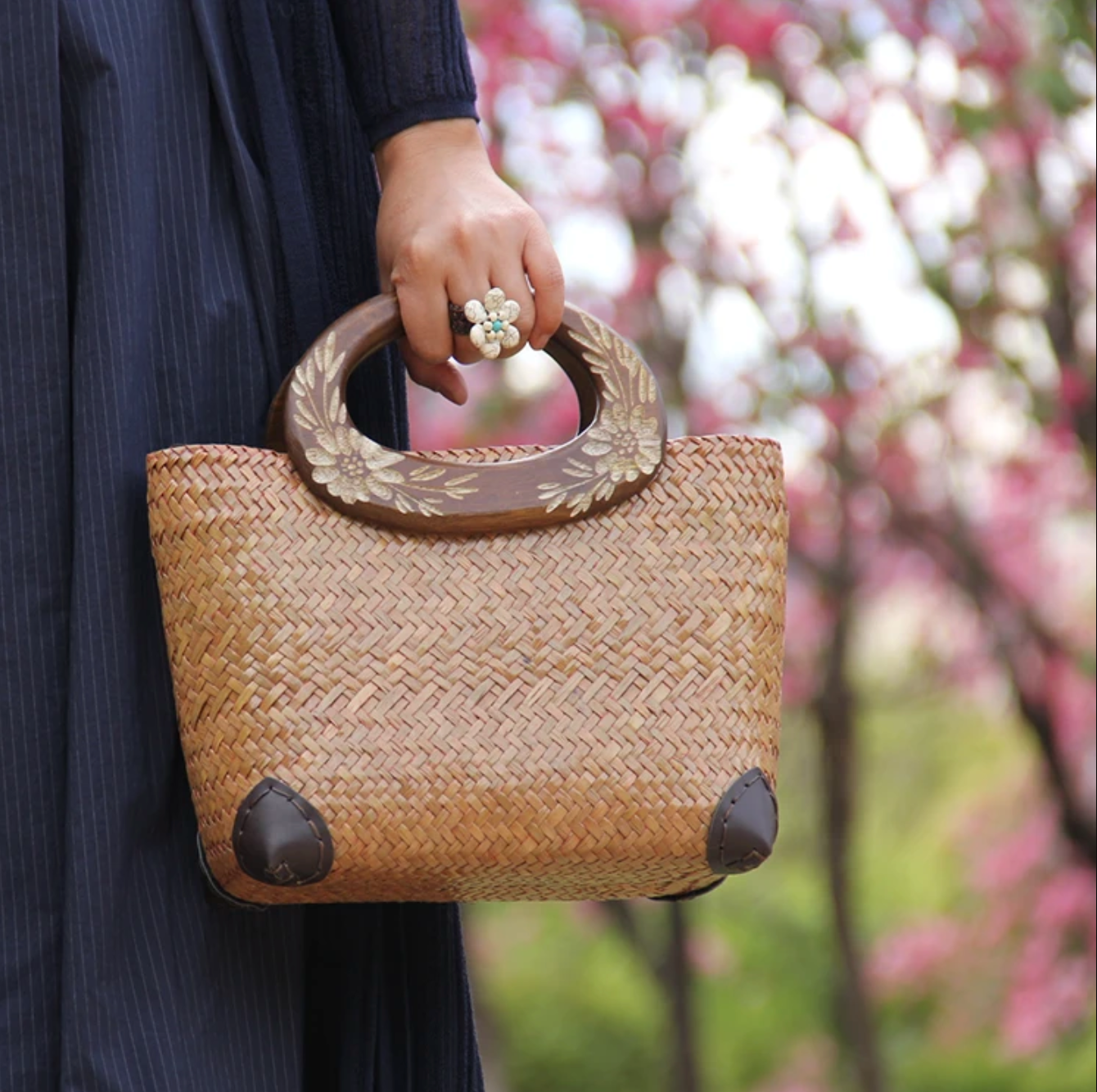 Handwoven Summer Straw Tote Purse with Wooden Handles