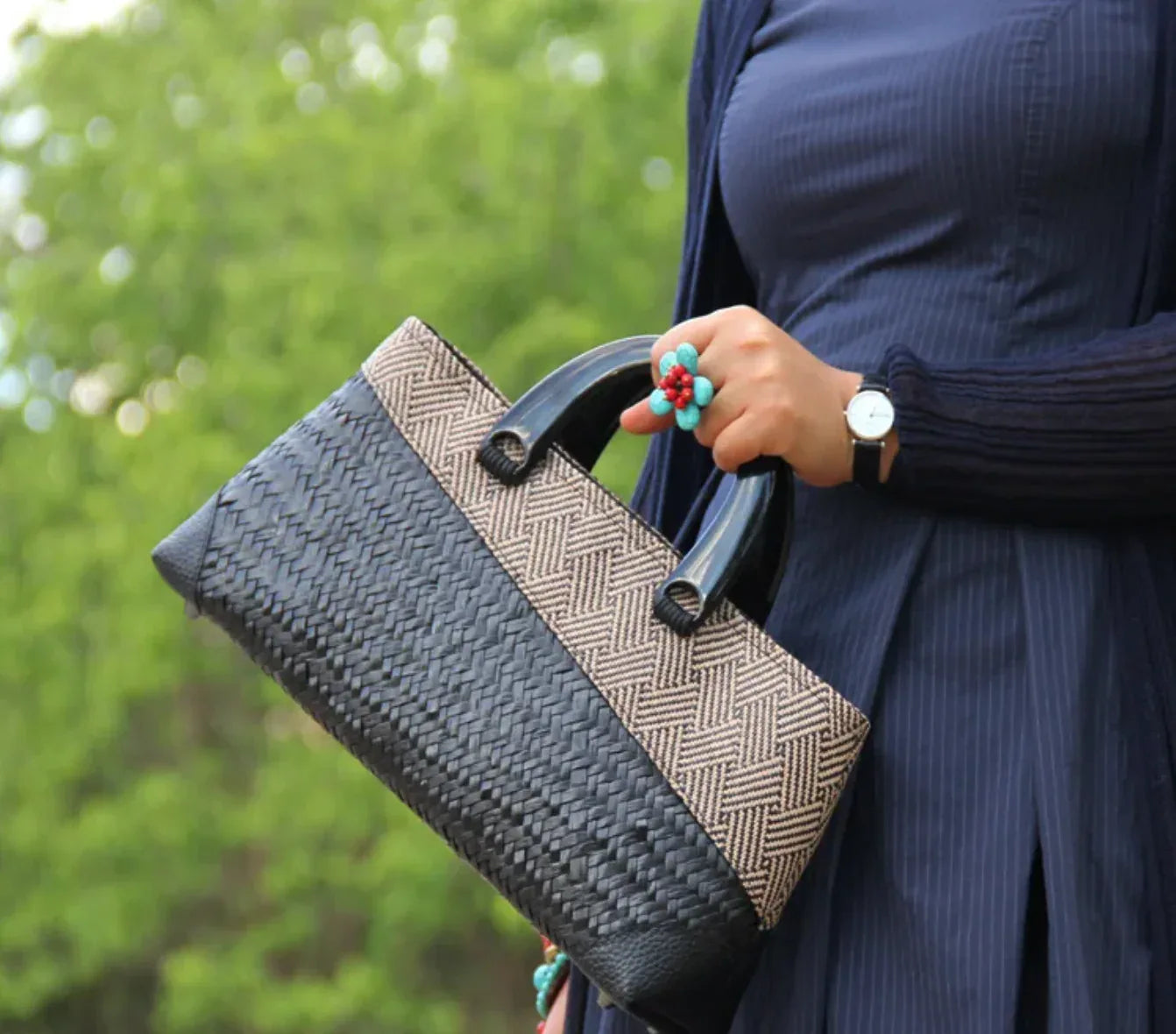 Rattan and Leather Bag Women’s Summer Handbag