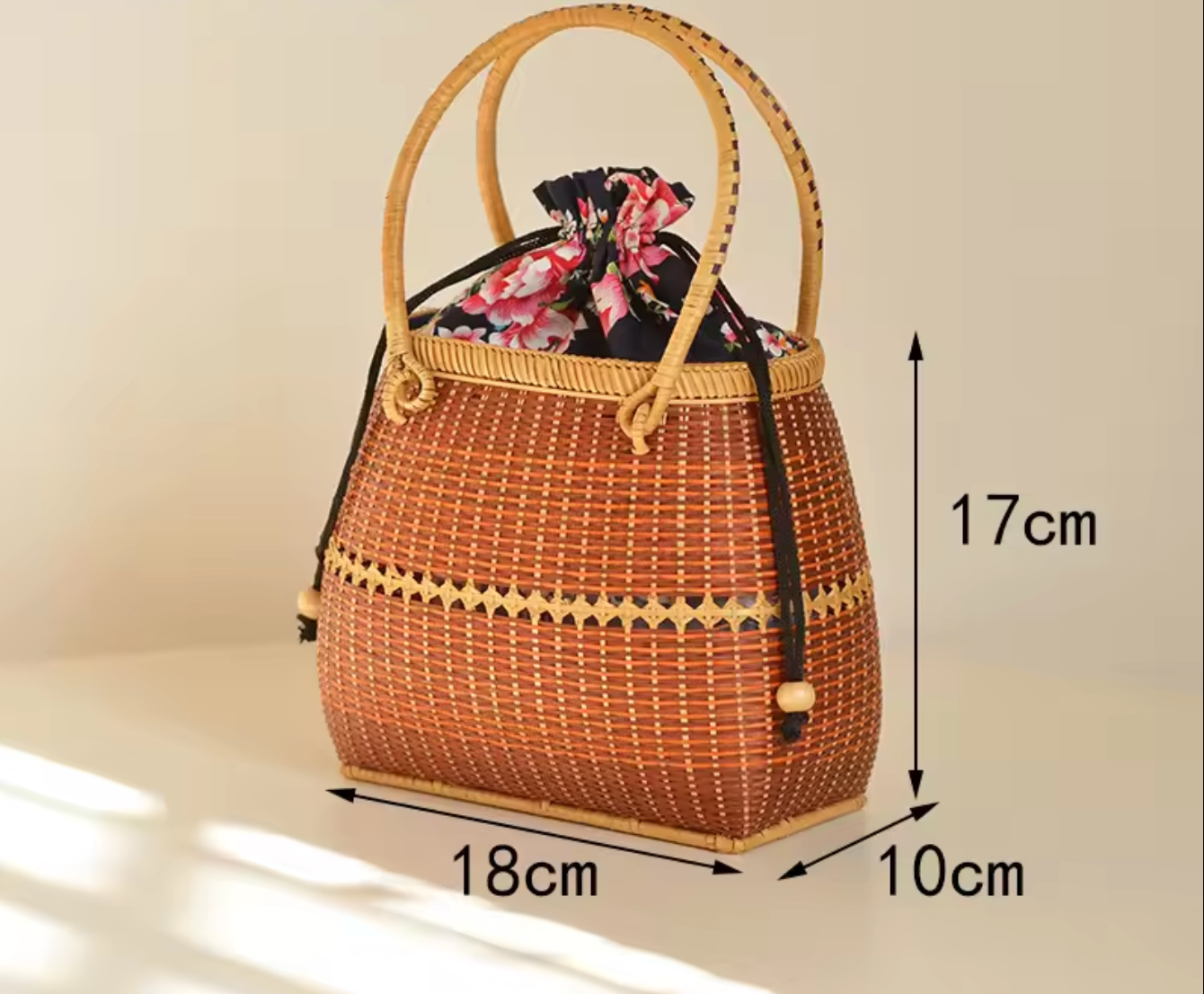 Handmade Bamboo Handbag Woven Basket Bag with Floral Lining