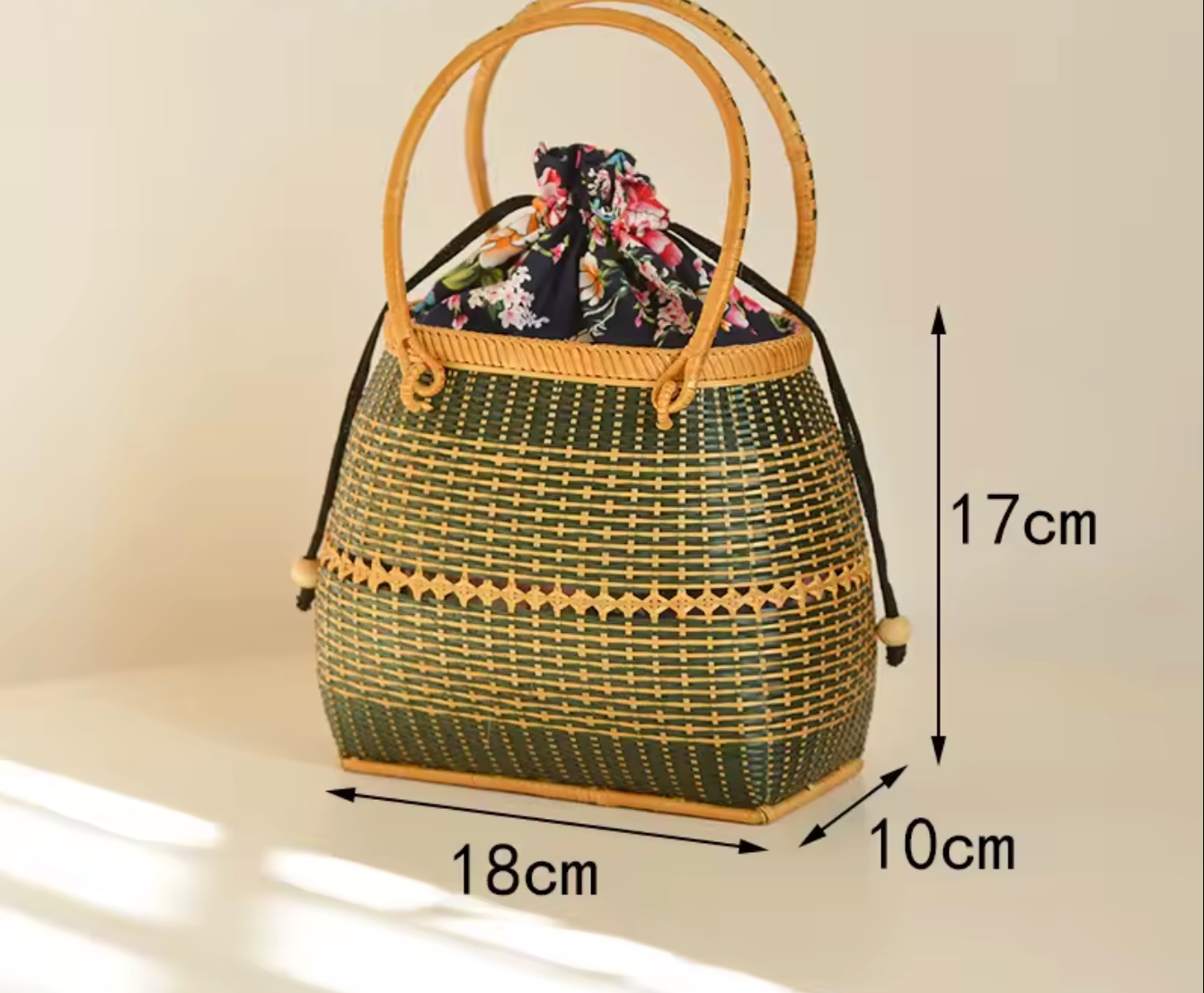 Handmade Bamboo Handbag Woven Basket Bag with Floral Lining