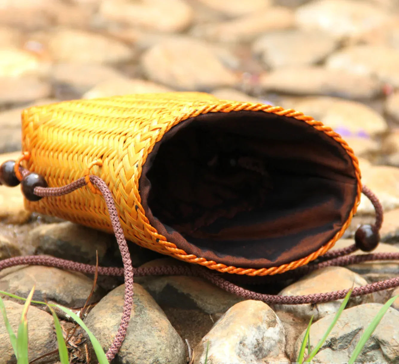 Bamboo Woven Women’s Crossbody Bag With Drawstring Closure