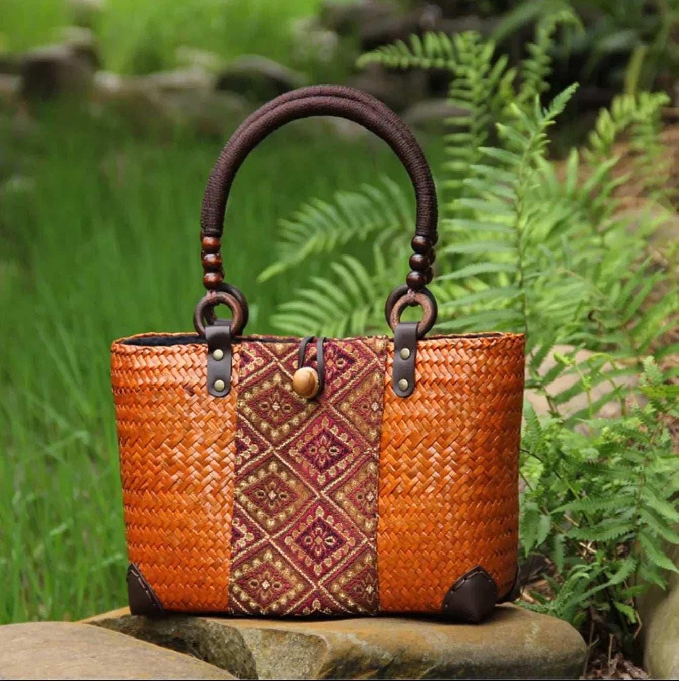 Handmade Woven Summer Purse with Patterned Fabric