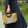 Woven Straw Beach Bag Tote with Rattan Handles & Zipper