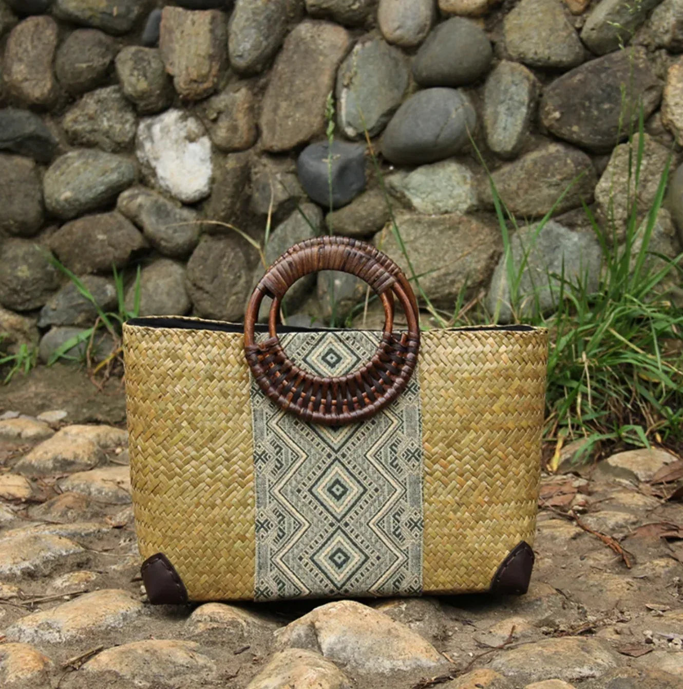 Woven Straw Beach Bag Tote with Rattan Handles & Zipper