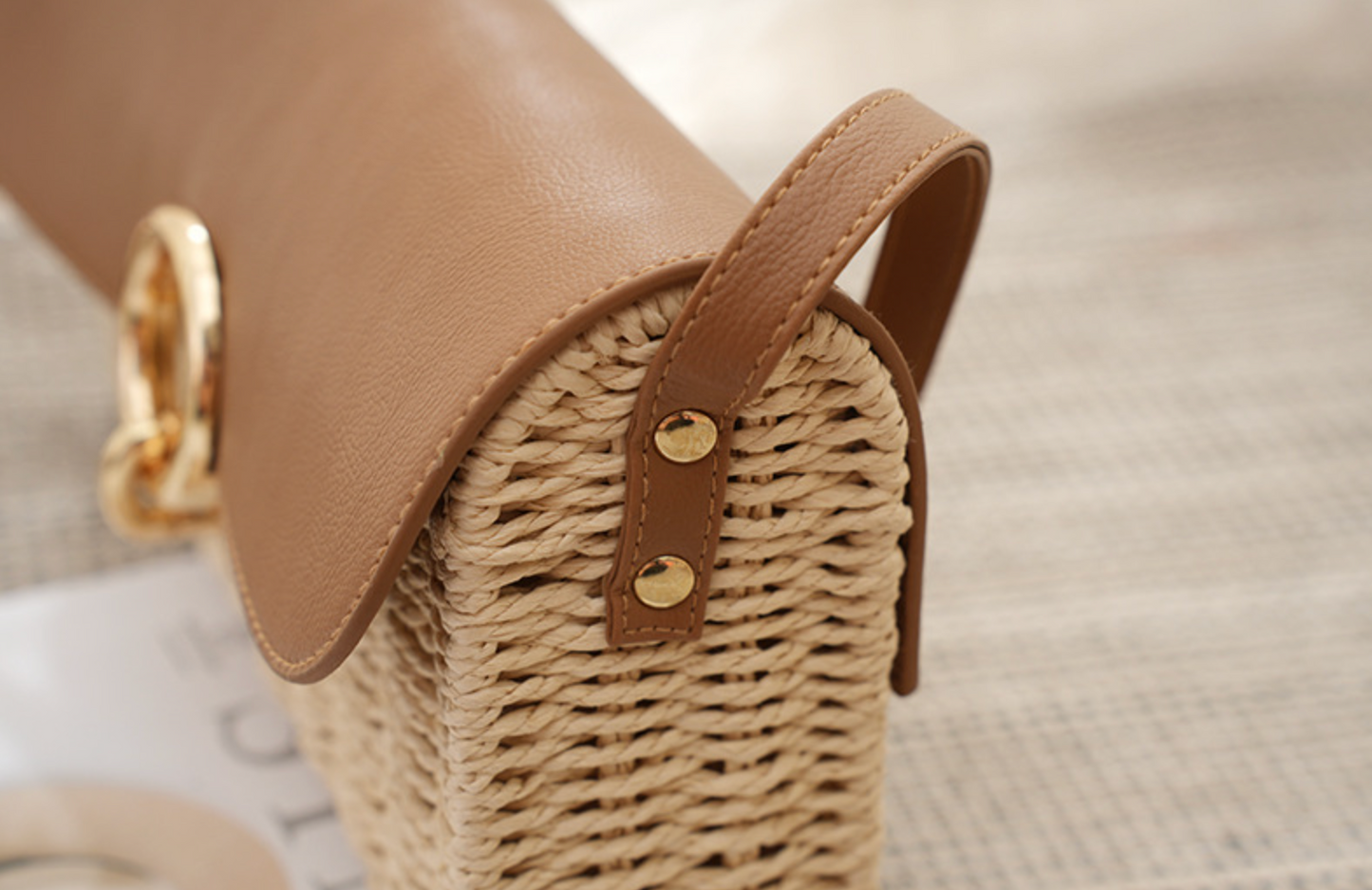 Rattan Crossbody Bag with Leather Flap