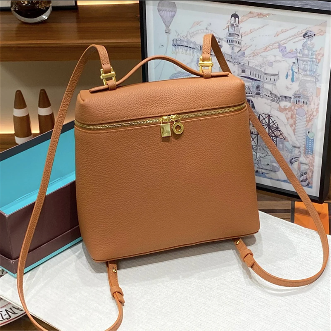 Soft Leather Square Commuter Backpack Handbag