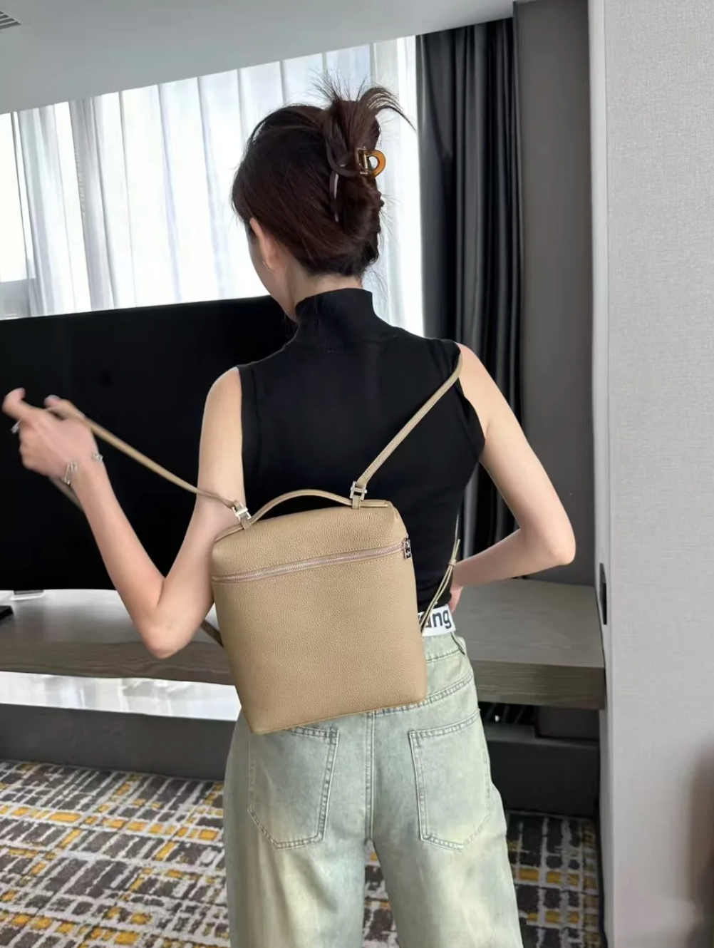 Soft Leather Square Commuter Backpack Handbag