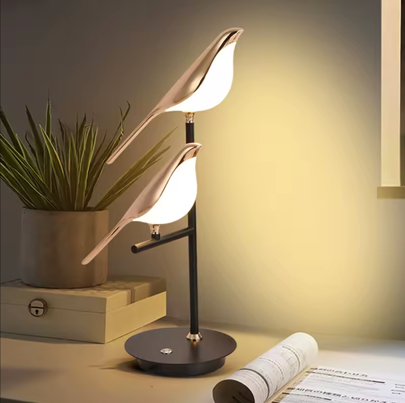 LED Bedside Table Lamp Magpie Bird Model Black Gold
