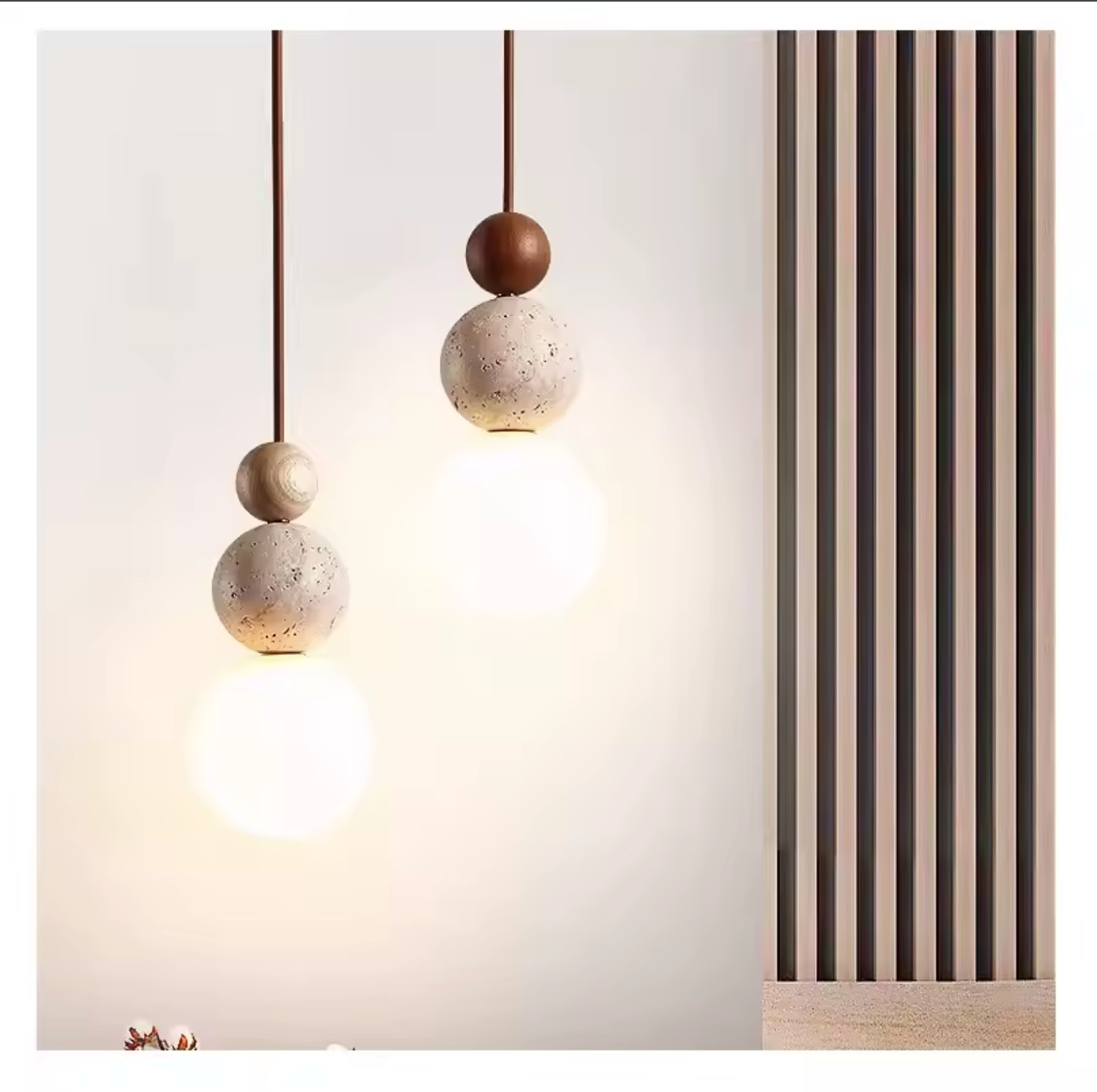 Cream Travertine Pendant Light Natural Stone and Wood
