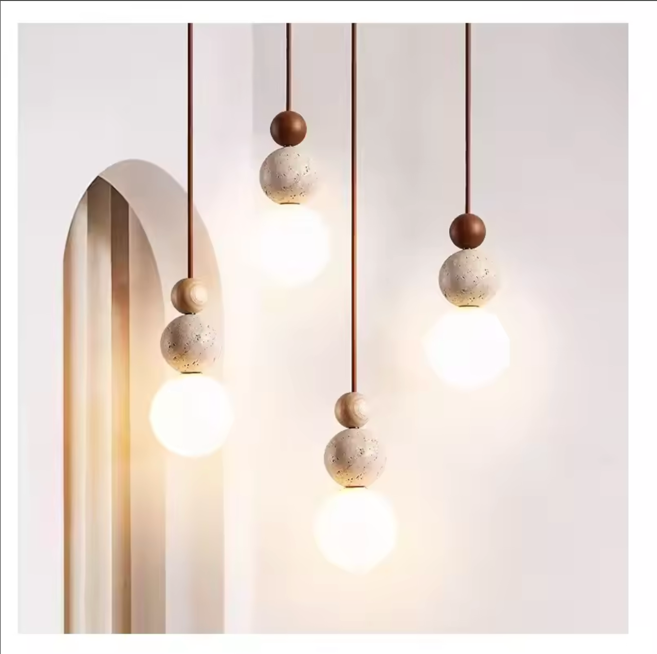 Cream Travertine Pendant Light Natural Stone and Wood