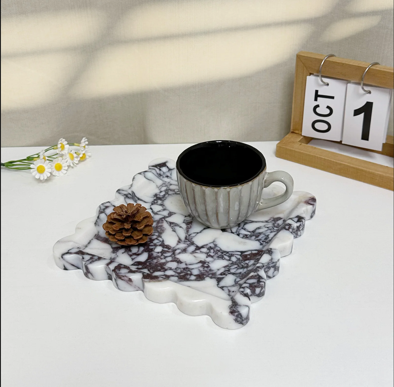 Square Natural Marble Tray with Scalloped Edge Travertine
