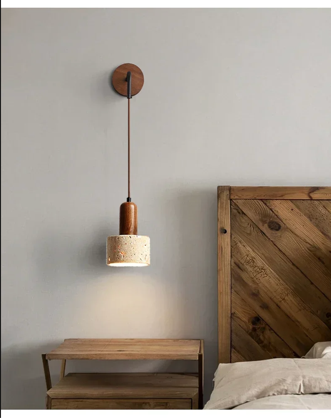 Wabi Sabi Natural Stone Wall Lamp with Wood Accent Bedside Sconce Light Fixture