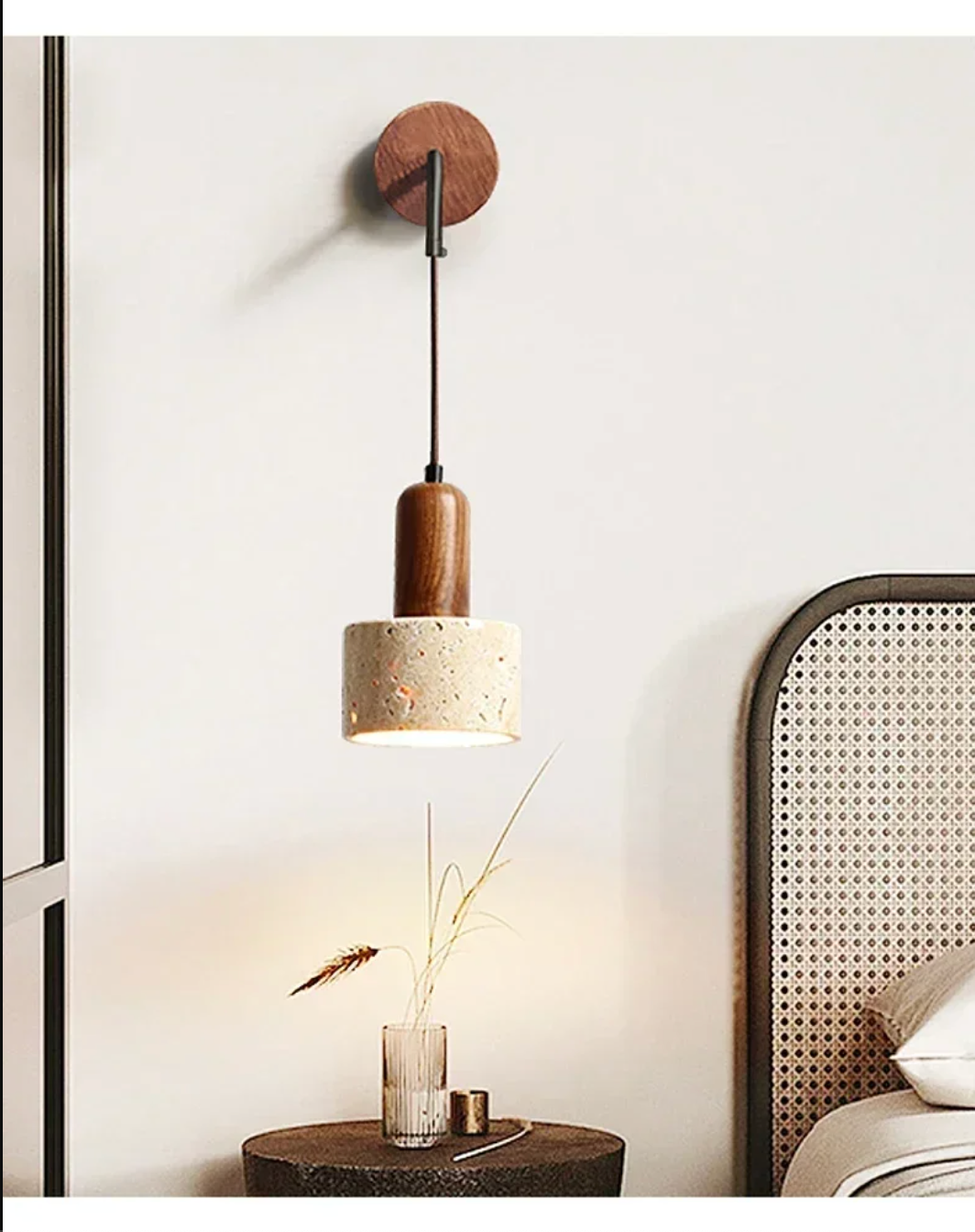 Wabi Sabi Natural Stone Wall Lamp with Wood Accent Bedside Sconce Light Fixture