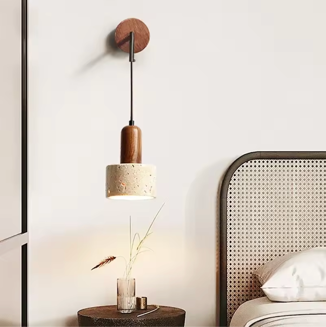 Wabi Sabi Natural Stone Wall Lamp with Wood Accent Bedside Sconce Light Fixture