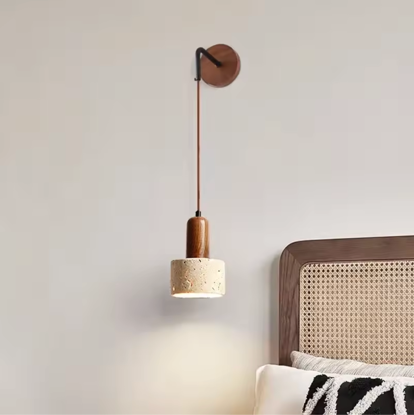 Wabi Sabi Natural Stone Wall Lamp with Wood Accent Bedside Sconce Light Fixture