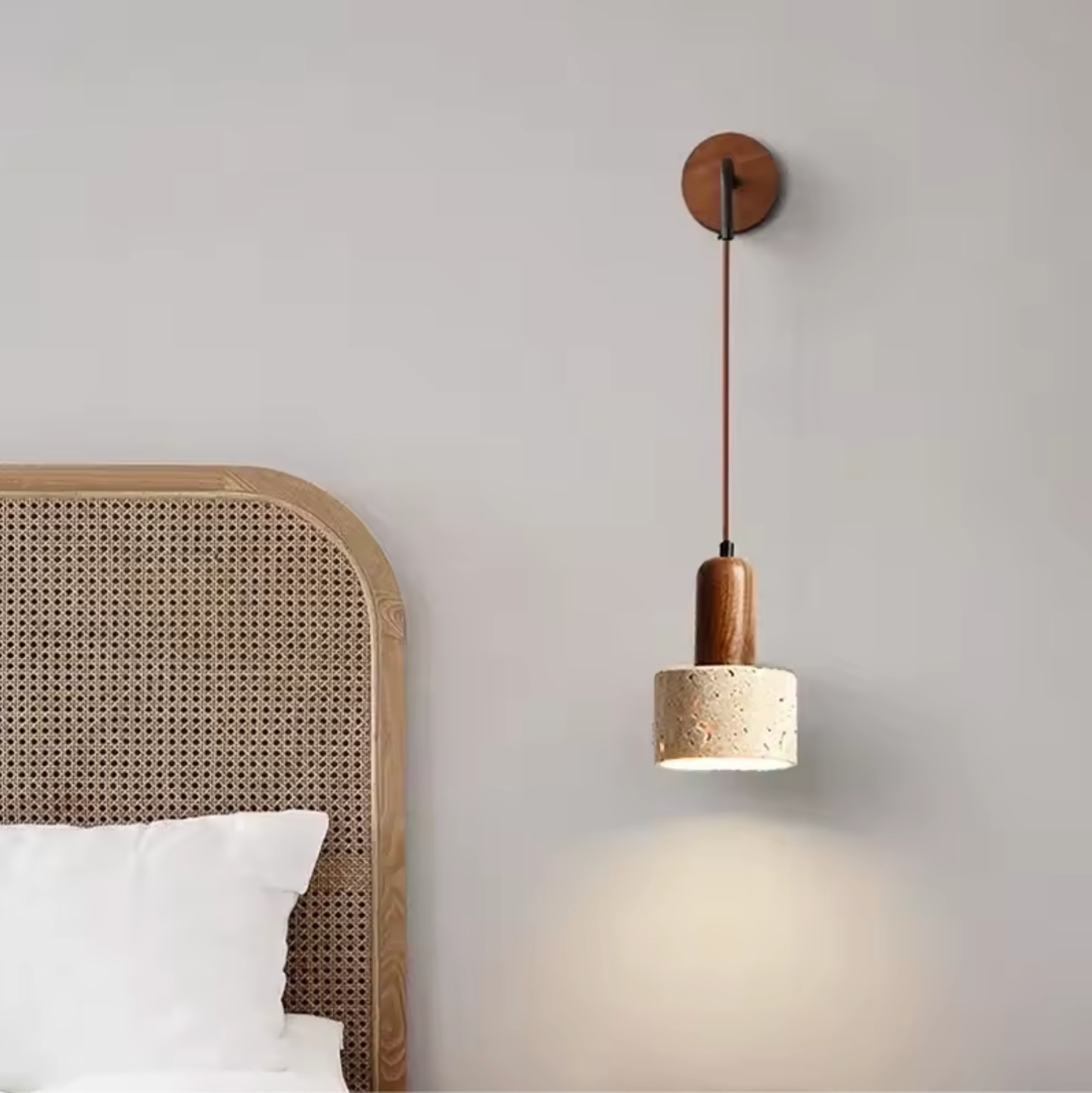 Wabi Sabi Natural Stone Wall Lamp with Wood Accent Bedside Sconce Light Fixture