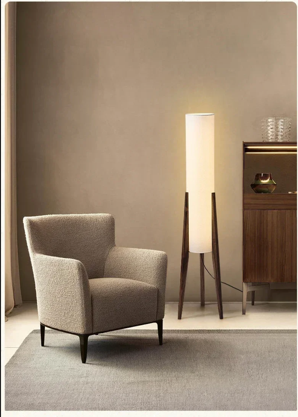 Scandinavian Tripod Floor Lamp Japandi Style Wood & Fabric Standing Light
