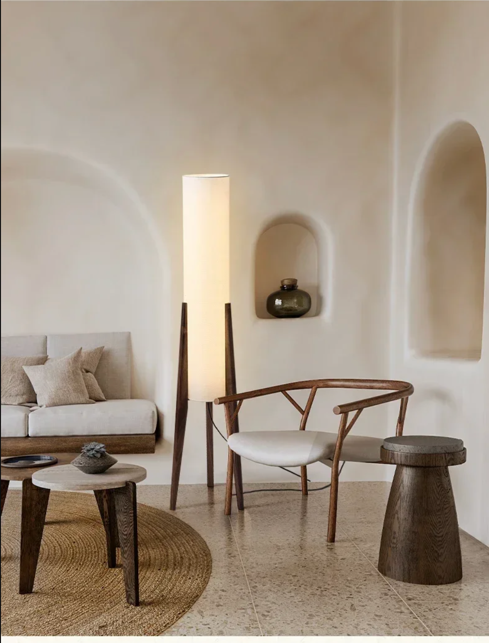 Scandinavian Tripod Floor Lamp Japandi Style Wood & Fabric Standing Light