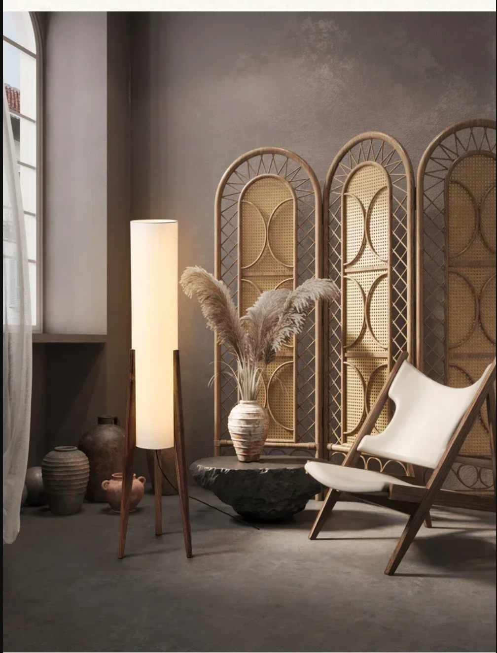 Scandinavian Tripod Floor Lamp Japandi Style Wood & Fabric Standing Light