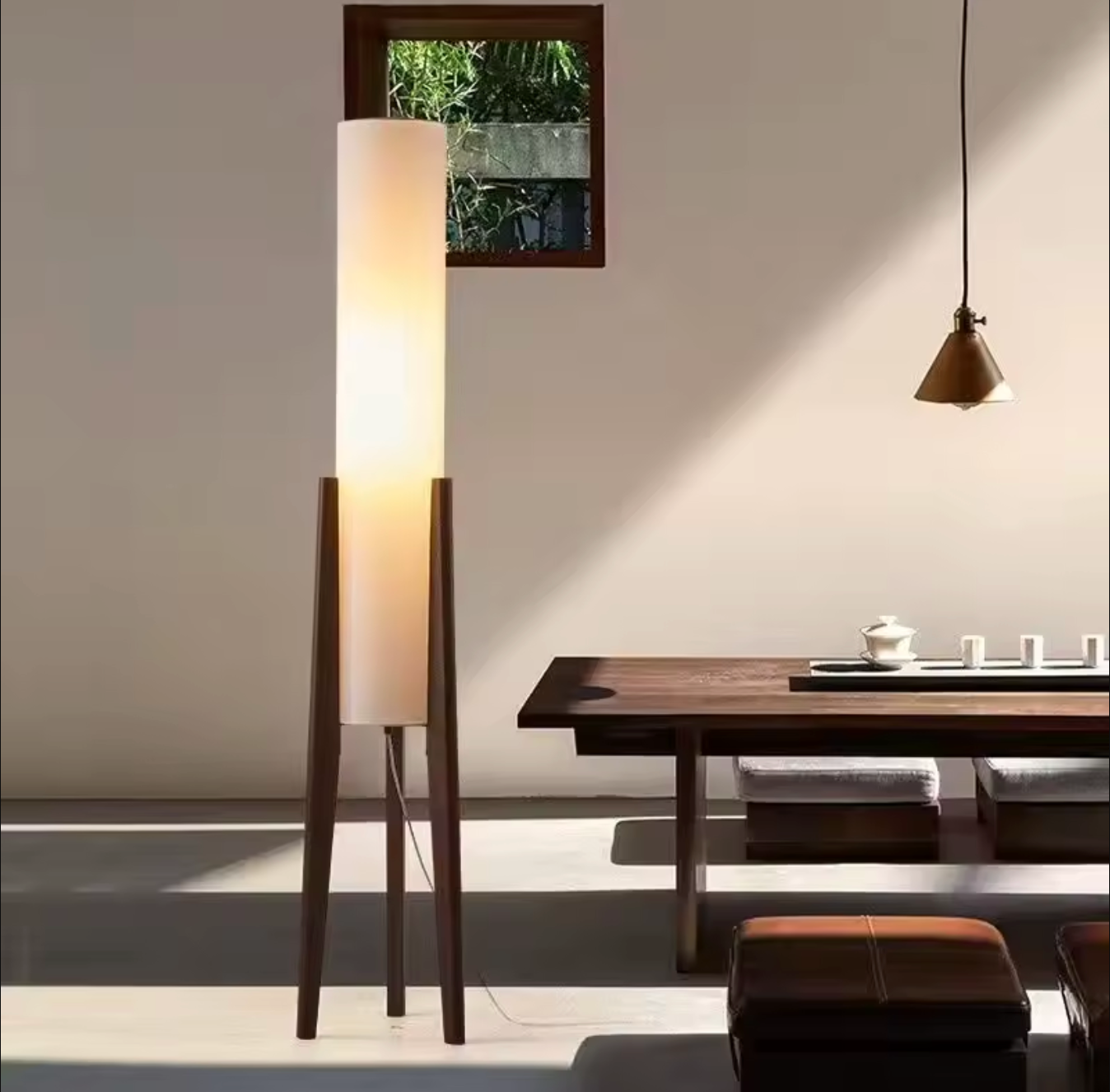 Scandinavian Tripod Floor Lamp Japandi Style Wood & Fabric Standing Light