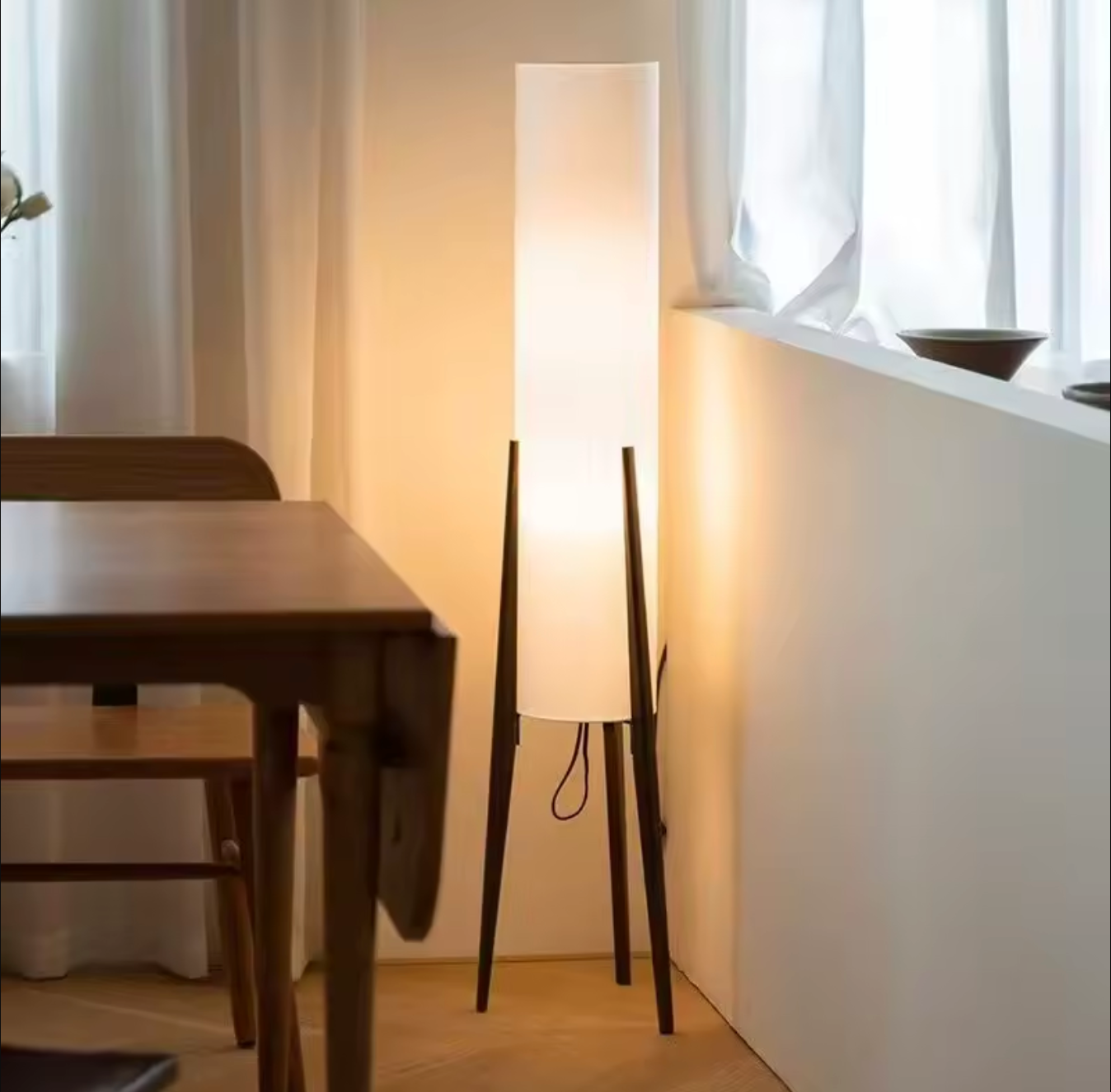 Scandinavian Tripod Floor Lamp Japandi Style Wood & Fabric Standing Light
