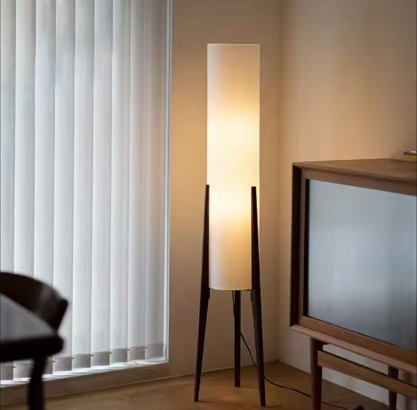Scandinavian Tripod Floor Lamp Japandi Style Wood & Fabric Standing Light