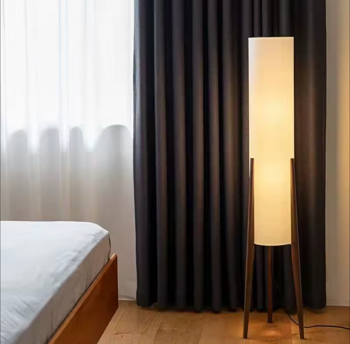 Scandinavian Tripod Floor Lamp Japandi Style Wood & Fabric Standing Light