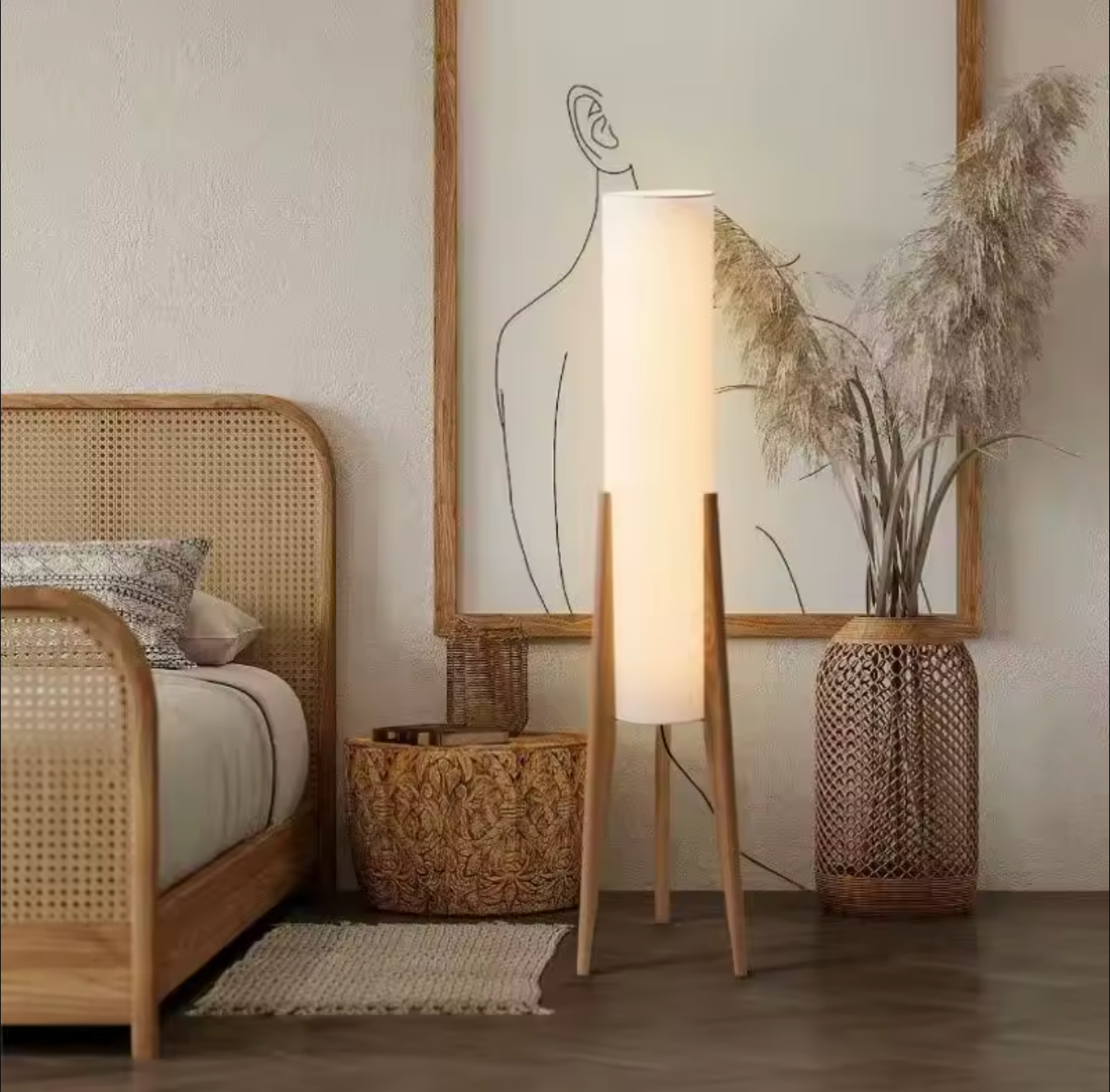 Scandinavian Tripod Floor Lamp Japandi Style Wood & Fabric Standing Light