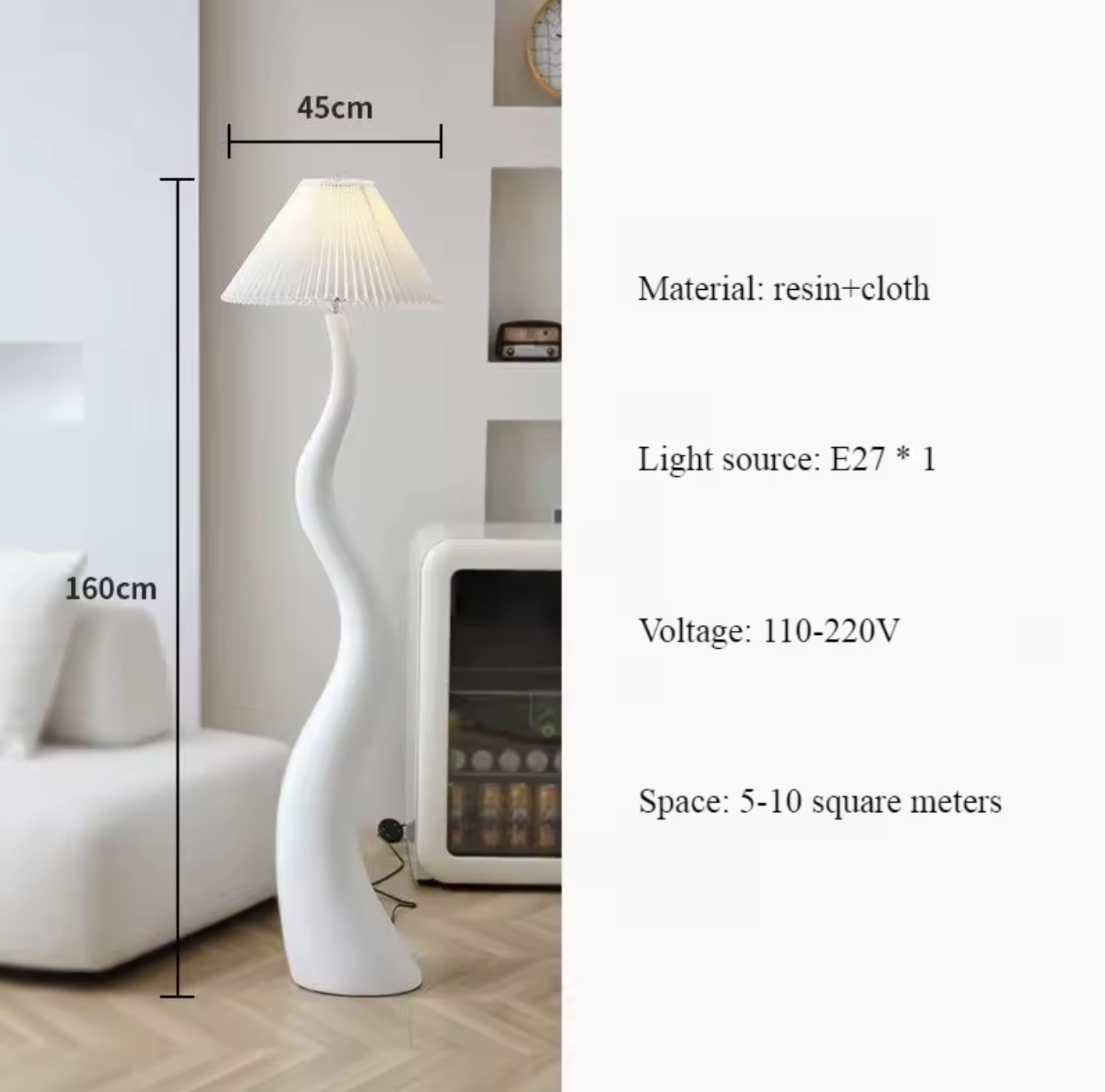 Large Resin Curved Floor Lamp with Pleated Shade Nordic Minimalist