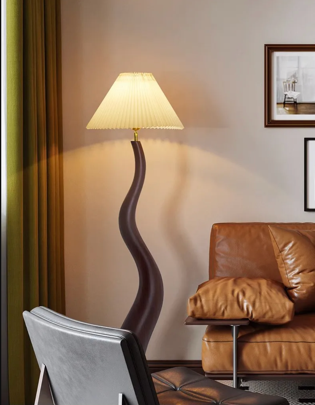 Large Resin Curved Floor Lamp with Pleated Shade Nordic Minimalist