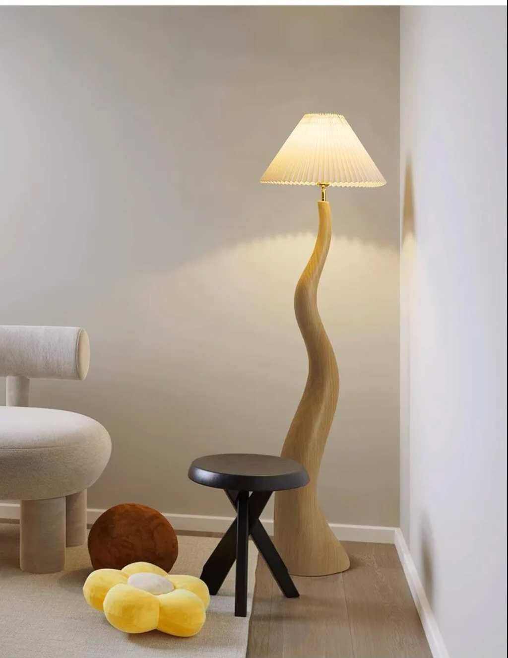 Large Resin Curved Floor Lamp with Pleated Shade Nordic Minimalist