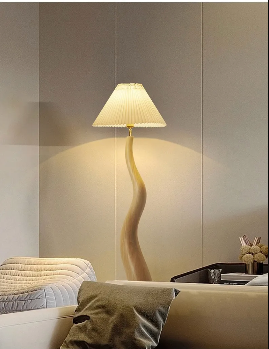 Large Resin Curved Floor Lamp with Pleated Shade Nordic Minimalist