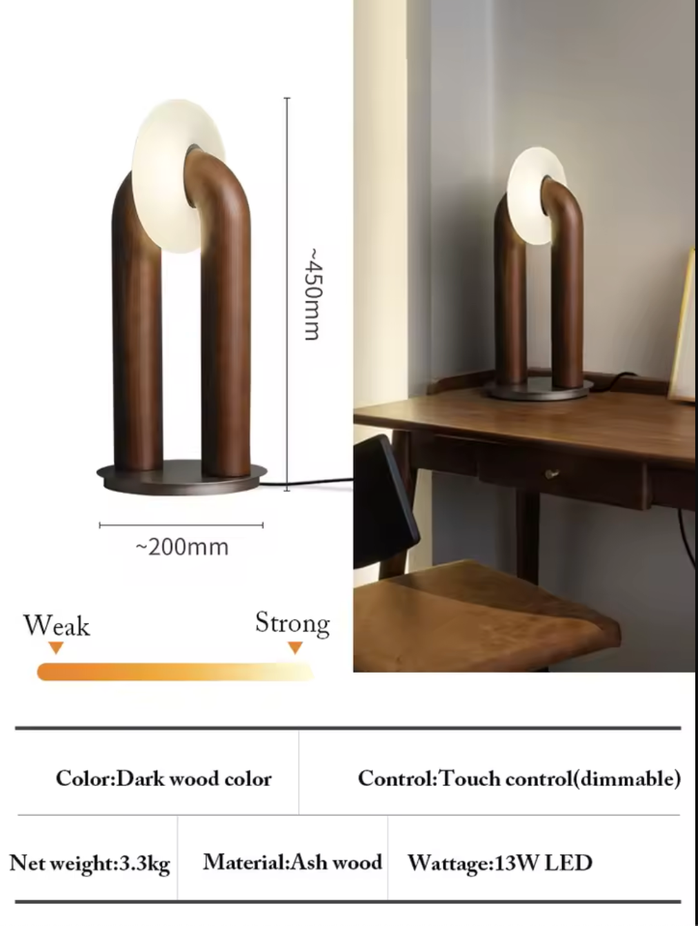 Vintage Solid Wood LED Table Lamp Dimmable Touch Control
